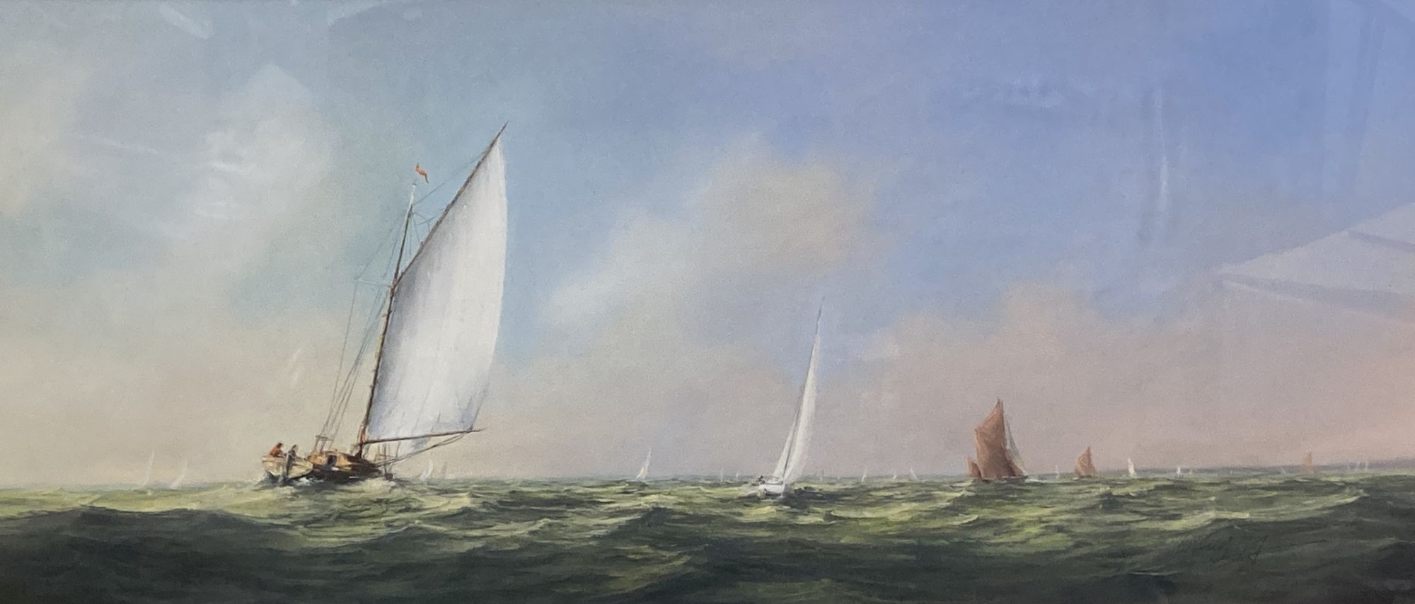 Christine Slade (b. 1943), watercolour and gouache, racing yachts and other boats at sea, 30 x 68cm